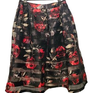 NWOT Jasmine Sportswear Pleated Midi Skirt Floral /Sheer Overlay Sz L